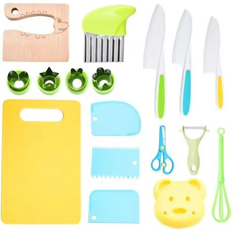 Lot de 17 couteaux et ustensiles de cuisine pour enfants, couteau sécurité de cuisine enfant avec d'emporte-pièces, couteaux en bois couper des fruits légumes, pour enfant de 2 ans et plus (1/5)