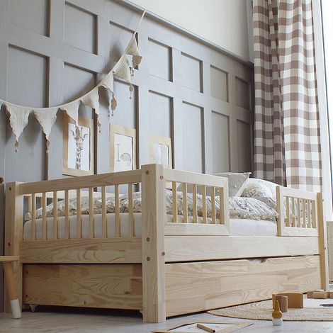 Cama 90x190 con barandillas somier y cajón Adèle Madera (1/4)