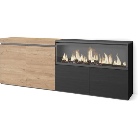 Skraut Home - Buffet salon et cuisine, Meuble de Rangement, Commode, 210, 4 Portes, Cheminée électrique XXL, Style moderne, Chêne et noir (1/5)