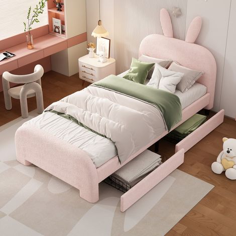 Lit enfant simple 90x200 en laine de mouton résistante - Rembourré avec motif lapin et 2 tiroirs, style épuré rose (sans Matelas) (1/5)