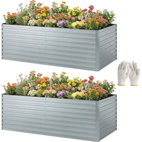 Ensemble de 2 bacs jardin surélevés en métal galvanisé avec rebord sécurisé jardinière surélevée pour légumes argent (1/5)