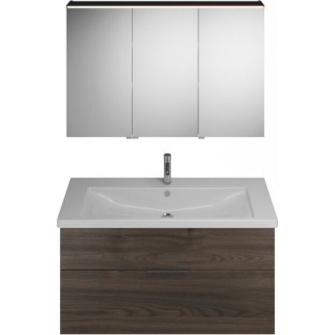 Burgbad Eqio Badmöbel-Set, mit Keramikwaschtisch + Unterschrank und Spiegelschrank 123 cm, mit Griff Marone Dekor Trüffel/Alpinweiss Schwarz matt links, links, rechts (1/2)