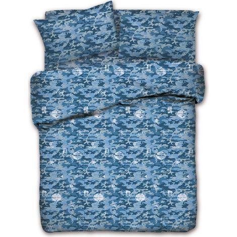 Copripiumino parure sacco e federa 100% cotone singolo e matrimoniale Fantasia mimetica Azzurro - Singolo
