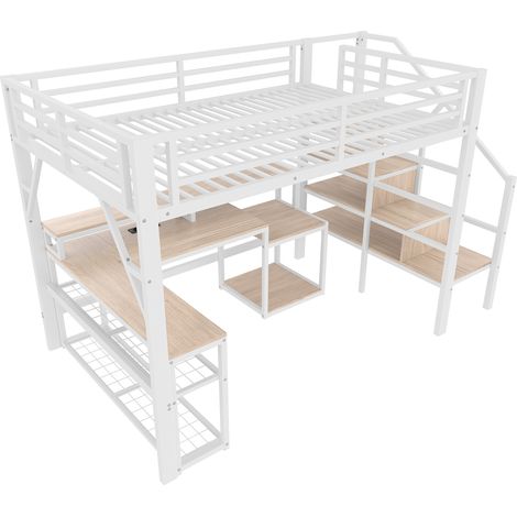 Cama alta 140 x 200 cm de metal blanco con escritorio, almacenaje y LED (1/5)