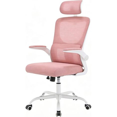 Chaise de bureau rose ergonomique avec dossier haut, accoudoirs pliables et roulettes silencieuses (1/5)