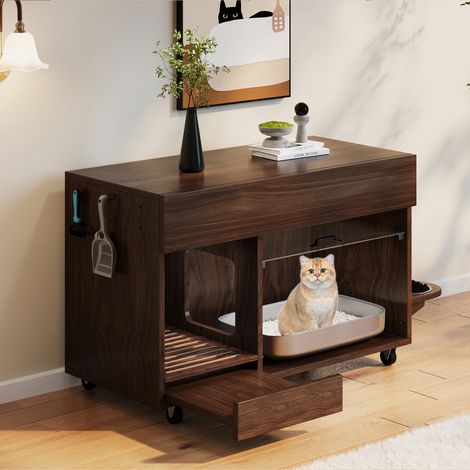 Buffet mobile 100x45.5x67 cm - Plateau clapant anti-sable amovible - 2 gamelles pour chat - 1 tiroir+2 portes - Marron