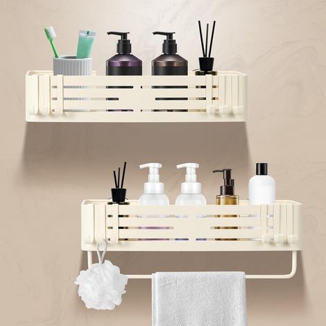 Set di 2 mensole per doccia/portasciugamani in alluminio, non richiedono forature, portata 10 kg con ventose per bagno e cucina, colore crema, dimensioni 32x13x6,6 cm. (1/5)