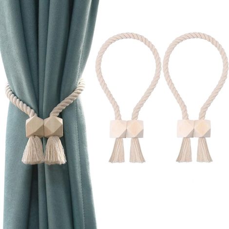 Fermacravatte per tende - Set da 2 - Chiusure magnetiche - Supporto per tende - Ganci per fermacravatte - Con nappe e perline di legno - Adatti per tende oscuranti, tende da doccia e tende trasparenti (1/5)