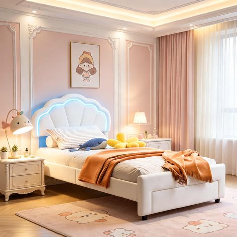 Cama infantil 90x200cm – Terciopelo – Cabecero con forma de nube – Iluminación LED – Ideal para la habitación de un niño