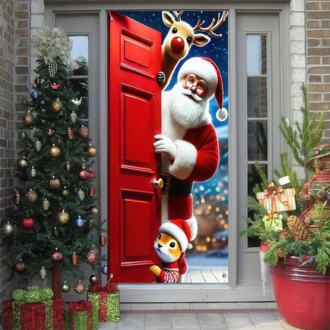 Stickers de porte de Noël, décorations de porte Père Noël, décorations de fête du Nouvel An, décorations de fêtes, banderoles/décorations de porte - 90 x 180 cm (avec trous et ruban) - 19