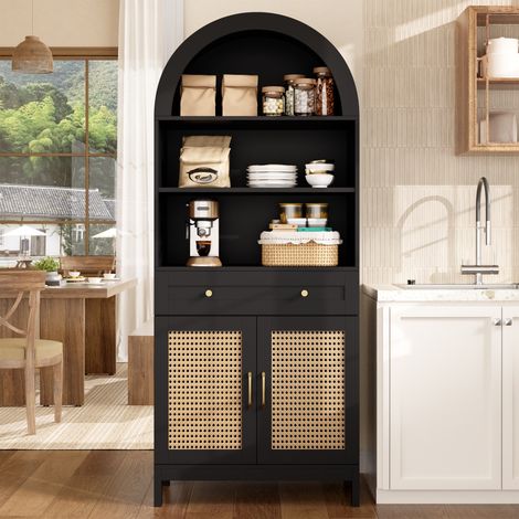 Vitrine arche de rangement - 70 x 40 x 170 cm - salon et entree avec 3 niches de presentation 1 tiroir 2 portes en rotin boheme et mdf - noir et bois naturel (1/5)