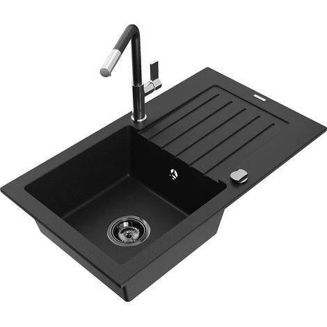 Mexen Pablo 1 Becken-Granitspüle mit Abtropffläche und Mischbatterie Flora, Schwarz - 6510-77-670401 (1/5)
