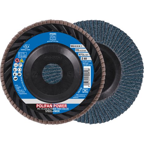 PFERD TOOLS POLIFAN POWER Fächerscheibe PFC 115x22,23 mm konisch Z40 Leistungslinie SG TRIM STEELOX für Stahl/Edelstahl 10 Stk