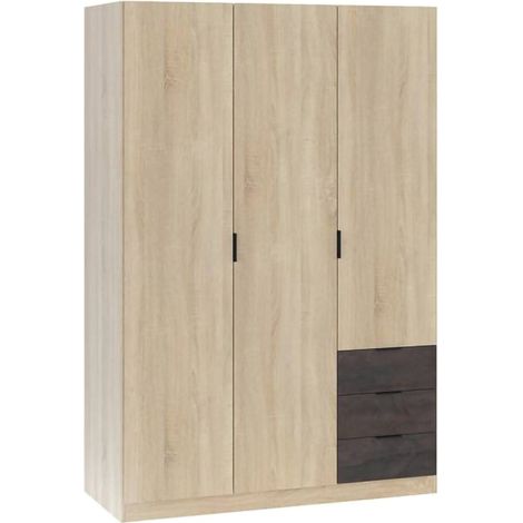 Dmora Vestiaire Allentown, Armoire de chambre à 3 portes et 3 tiroirs, Armoire avec barre à vêtements et 3 étagères, cm 121x52h180, Chêne et Oxyde, avec emballage renforcé