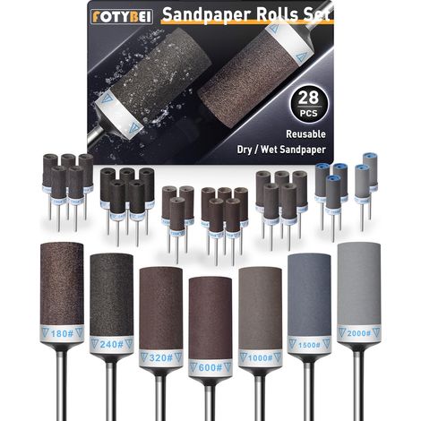 Tambours de Ponçage pour Outil Rotatif, 28 Pièces Manchons de Ponçage avec Tige de 1/8", Manchons Abrasifs 180/240/320/600/1000/1500/2000 Grains pour Polissage et ponçage du métal (1/5)