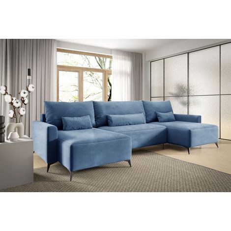 Wohnlandschaft mit Schlaffunktion SILVES Sofa U-Form Stoff Poso Blau