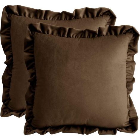 Linghhang – Lot de 2 housses de coussin en velours brun 45x45 cm – Fermeture éclair invisible – Décoration chic pour canapé, chambre, voiture (1/4)