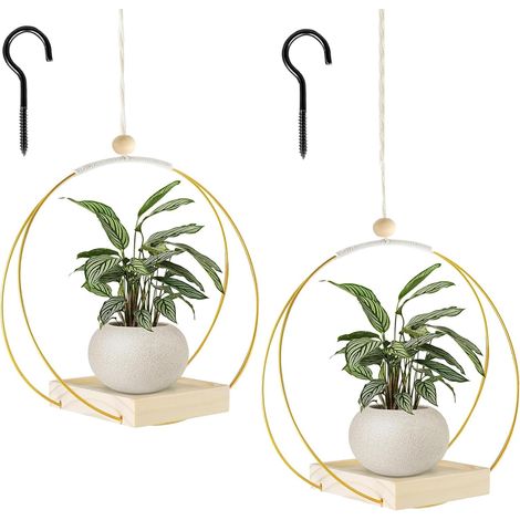 2 Pièces Suspension Plante Exterieur, 30x30cm Suspension Plante Suspendue, Métal avec Base en Bois - Support Pot de Fleurs et Plantes Intérieur et Extérieur (Or) (1/5)