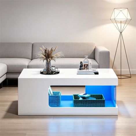 Table basse LED 50x100x35 cm avec étagères en verre trempé, panneaux de particules, blanc