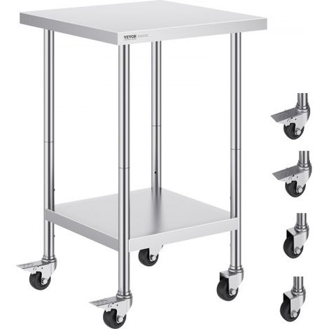 Arbeitstisch aus Edelstahl, 61 x 61 x 96,5 cm, Zubereitungstisch Gastro mit 4 Rädern, 3 einstellbaren Höhenstufen, Arbeitstisch zur Lebensmittelzubereitung für gewerbliche Küchen und Restaurant (1/5)
