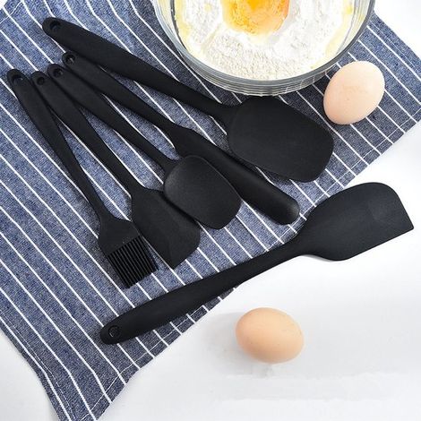 Set de 6 pelles en silicone - plastique - noir - silicone de qualité alimentaire - poêle antiadhésive - ustensiles de cuisine - set de 6 - avec brosse