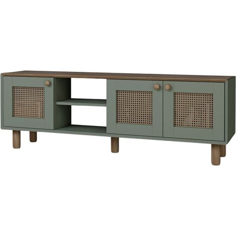 TV-Möbel aus Holz und Rohrgeflecht "Bohemian" - 160 x 40 x 56 cm - Grün