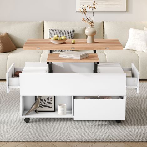Table basse relevable 100x50x52 cm blanc et chêne en panneaux de particules avec roulettes, 4 tiroirs et plateau extensible (1/5)