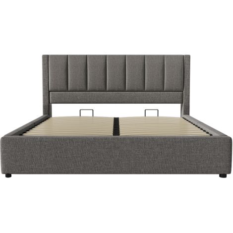 Polsterbett  Einzelbett mit verstecktem Becherhalter & Ladestation, Hydraulisches Bett mit Stauraum unter dem Bett, Inkl. Lattenrost, Leinen (Ohne Matratze)