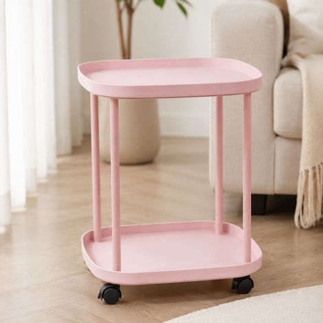 Table d'appoint sur roulettes Maison étagère de rangement en plastique à 2 niveaux mobile pour salon chambre 36x36x48 cm (1/5)