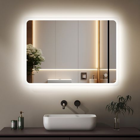 Badspiegel mit Beleuchtung 40 x 60 cm Badezimmerspiegel 3 Lichtfarbe Dimmbar 3000-6500K kaltweiß Neutral Warmweiß Wandspiegel Lichtspiegel LED Spiegel mit Touch Schalter (1/5)
