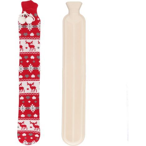 Bouillotte longue – 72 cm – 2000 ml – Housse rouge motif faon – Chauffe-dos (1/5)