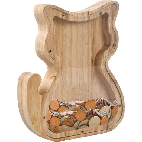 Tirelire chat en bois naturel, facile à ouvrir - un cadeau éducatif idéal pour les garçons et les filles - décoration de chambre sur le thème des animaux. (1/5)