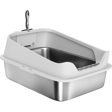 Bac à litière ouvert en acier inoxydable avec pelle, bords hauts, pour grands chats jusqu à 7 kg, 60, 2 x 40, 2 x 29, 7 cm, gris (1/5)