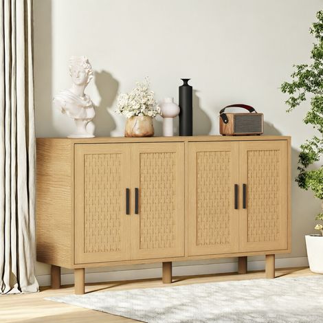 Buffet en rotin brun à quatre portes–140 x 40 x 80–Meuble de rangement en bois–Pour salon/salle à manger–Style champêtre–Grand espace de rangement