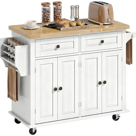 HOMCOM Kitchen Island on Wheels with Rubber Wood Top, Drawers, Cream White (1/5)