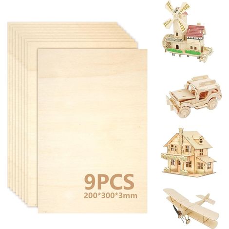 (9 Pièces) Contreplaqué 3mm, planche de bois 300 x 200 mm (+/- 0,5 mm), Panneau en Bois Multiplex, Planche Bois Brut Idéale pour Découpe Laser, Pyrogravure et CNC (1/5)