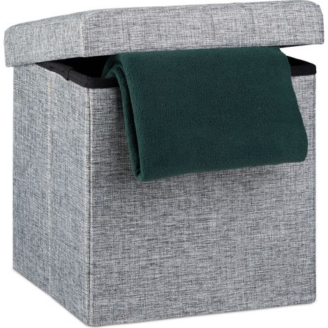Relaxdays Pouf Pieghevole Con Contenitore, Sgabello a Forma di Cubo, Lino, Coperchio Rimovibile, 38x38x38 cm Grigio (1/5)