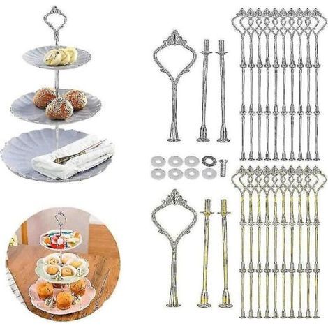Kit de 10 accessoires pour présentoir à gâteaux à 3 étages. plateaux et fixations argentés. (1/4)