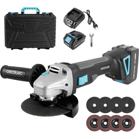 Smerigliatrice angolare a batteria da 21 V. Motore brushless, senza spazzole. Compatibile con dischi da 125 mm. Velocità fino a 12.000 giri/min. Include 8 dischi e custodia.