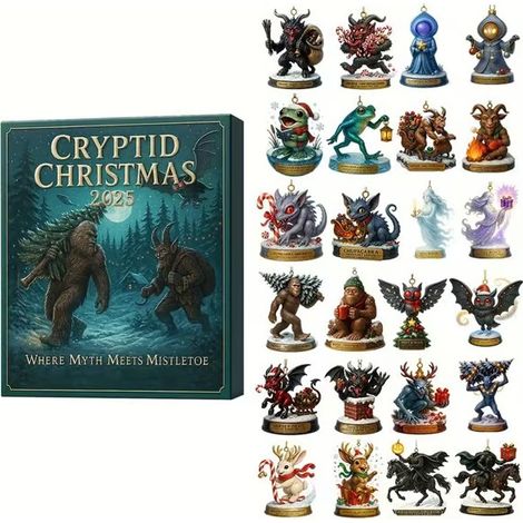 Calendrier de l'Avent Kryptide 2026, compte à rebours de Noël de 24 jours avec des créatures cryptides plates en 2D comme décorations à suspendre (1/4)