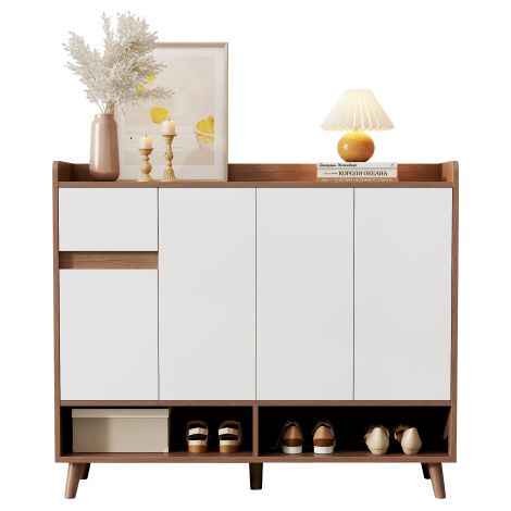 Schuhschrank 120 cm Sideboard mit 4 Türen und 1 Schublade, verstellbarem Regal, großer Stauraum, Weiß Natur, 120x35x99 cm
