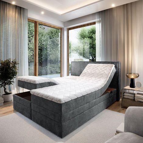 Lit adulte 160x200 POSITANO - ensemble relaxation électrique, matelas ressorts ensachés, rangement, surmatelas en tissu gris foncé (1/5)