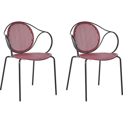 Set of 2 Garden Chairs Red and Black Steel Frame Stackable Ribbed Back Outdoor Patio Modern IKARIA