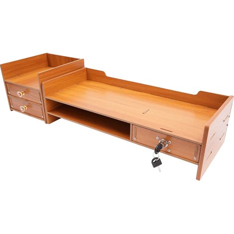 Soporte para monitor, cajones de almacenamiento de madera, organizador de escritorio ergonómico, marrón. (1/2)
