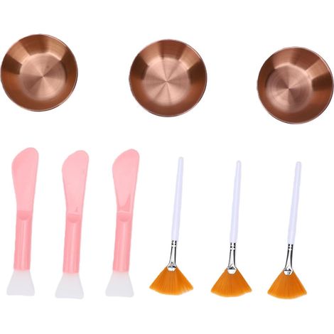 Ensemble de Spa pour le Visage 9 Pièces, 3 Bols à Mélanger en Acier Inoxydable, 3 Brosses éventail, Spatules pour la Préparation et L'application du Masque avec Finition (Or Rose) (1/5)