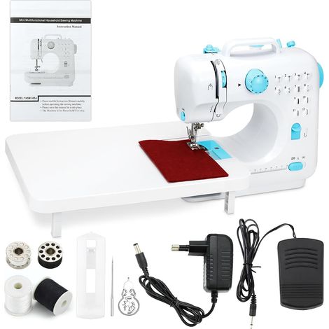 Machine à coudre électrique manuelle pour débutants 12 modèles de couture automatiques, vitesse réglable, 2 méthodes de charge avec étagère, pédale et équipement de base Bleu (1/5)