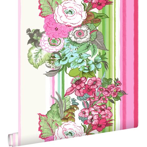 papier peint fleurs vintage rose et vert citron - ESTAhome (1/4)