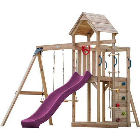 Axi Moos Aire De Jeux En Bois Avec 2 Balançoires, Echelle En Corde, Toboggan Violet / Aire De Jeux Extérieur Avec Balançoires/ Bac À Sable/Mur D'Escalade Portique Balançoire/Jeux En Bois Extérieur