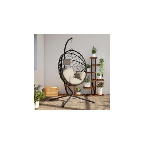 Chaise suspendue en forme d'œuf et support beige rotin et acier (1/5)