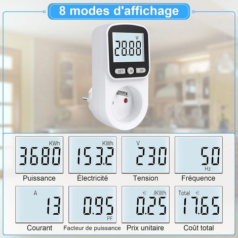 Wattmetre Prise Consommation Electrique, Prise Compteur d'Énergie Wattmètre Rétroéclairage LCD, Mesure Consommation Electrique Tension Actuel kWh, Compteur Électrique 3680W Protection Contre Surcharge (1/4)